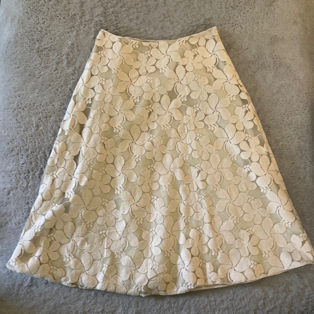 New York & Company Floral Lace A-Line Midi Skirt Beige Champagne Womens Size 0